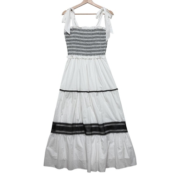 En Saison Smocked Midi Dress Size Small Milkmaid French Cottagecore White Black - Picture 2 of 8